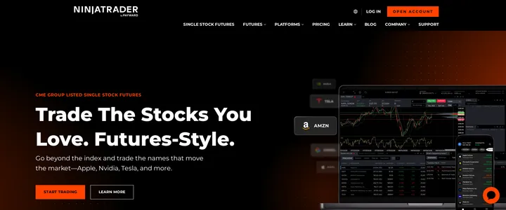 NinjaTrader homepage headline 'Trade The Stocks You Love. Futures-Style.' above a live trading ticket showing an AAPL futures position