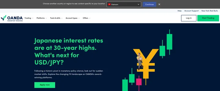 OANDA's US homepage headline about Japanese interest rates and USD/JPY next to a yen intervention chart and a welcome bonus banner