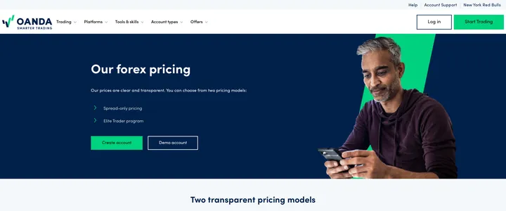 OANDA's US pricing page reading 'Our forex pricing' above a two transparent pricing models section