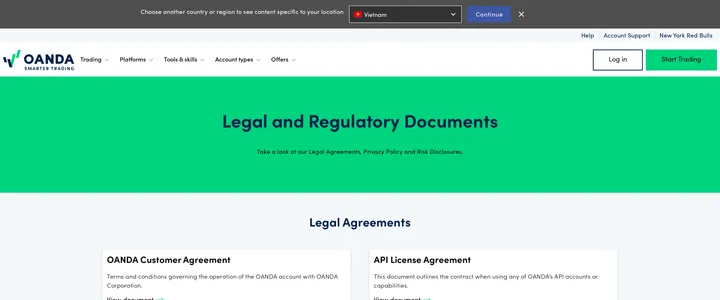 OANDA's US legal and regulatory documents page listing the OANDA Customer Agreement and API License Agreement