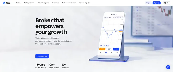 Octa's homepage headline 'Broker that empowers your growth' with text about secure withdrawals and no commissions