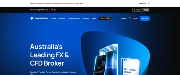 Pepperstone's homepage headline 'Australia's Leading FX & CFD Broker' with an award winner claim and TradingView logo