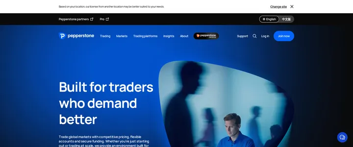 Pepperstone's trading hub page reading 'Built for traders who demand better' above a competitive pricing and flexible accounts description