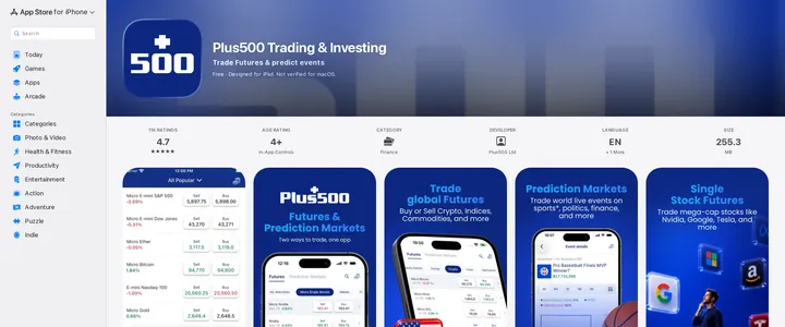App Store listing for Plus500 Trading and Investing showing phone screenshots of the app