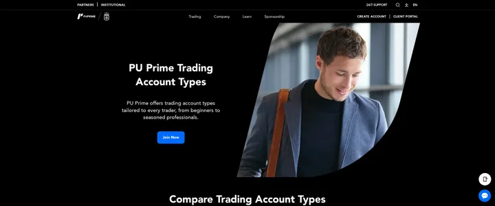 PU Prime account types page comparing Standard, Prime, ECN and Cent tiers
