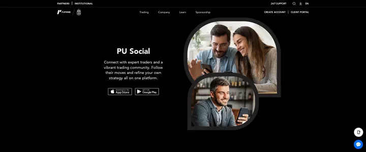 PU Social page inviting traders to connect with expert traders and a vibrant trading community