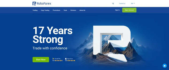 RoboForex homepage banner reading '17 Years Strong, Trade with confidence'