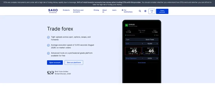 Saxo's forex product page noting average execution speed of 0.012 seconds in August 2026