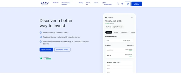 Saxo homepage headline Discover a better way to invest, noting the Danish Guarantee Fund protection