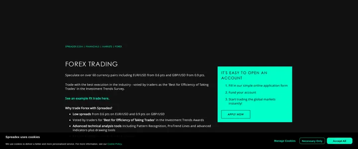 Spreadex's forex page reading 'Speculate on over 60 currency pairs including EUR/USD from 0.6 pts and GBP/USD from 0.9 pts'