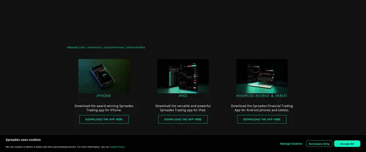 Spreadex's trading platform page headed 'A powerful trading platform', promoting its own downloadable app for iPhone, iPad and Android