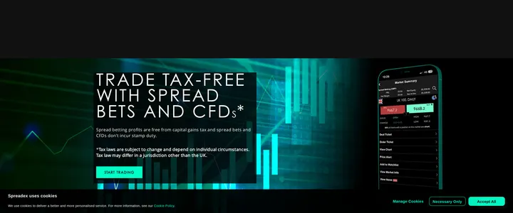 Spreadex's financial trading landing page headed 'Trade tax-free with spread bets and CFDs', with a footnote on UK tax law and jurisdiction