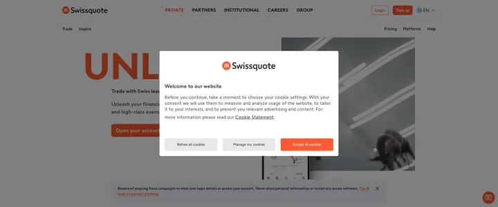 Swissquote homepage headline 'UNLIMITED.' with the line 'Trade with Swiss leader in digital banking'
