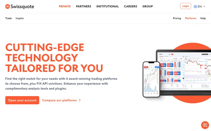 Swissquote platforms page headline 'CUTTING-EDGE TECHNOLOGY TAILORED FOR YOU' listing four trading platform options