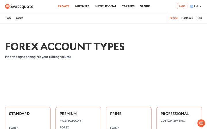 Swissquote pricing page headline 'FOREX ACCOUNT TYPES' with the text 'Find the right pricing for your trading volume'