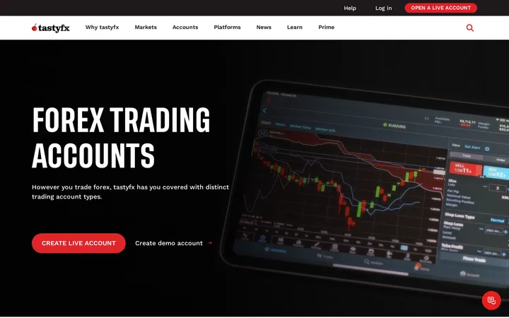tastyfx forex trading accounts page listing live, demo, IRA and corporate account types