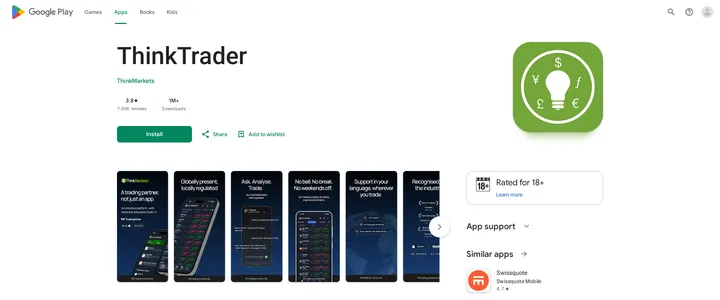 ThinkTrader listing on Google Play showing the app icon, screenshots and a 4.24-star rating