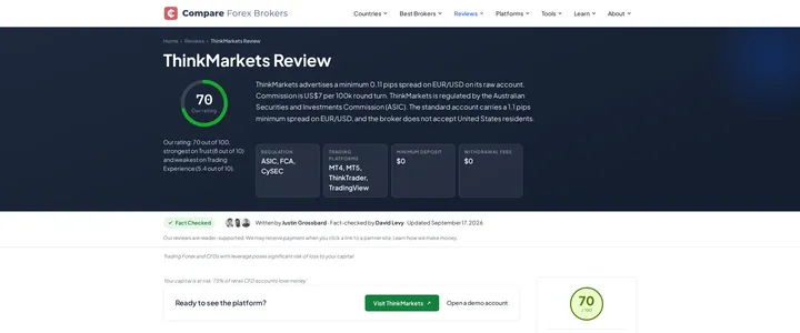 Independent broker-comparison review page covering ThinkMarkets' fees and account structure