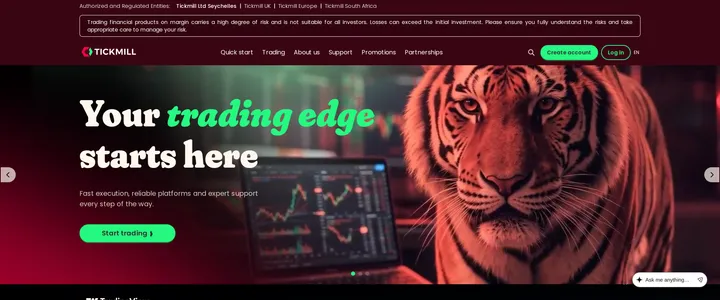 Tickmill's homepage headline 'Your trading edge starts here' listing its authorised and regulated entities across several jurisdictions