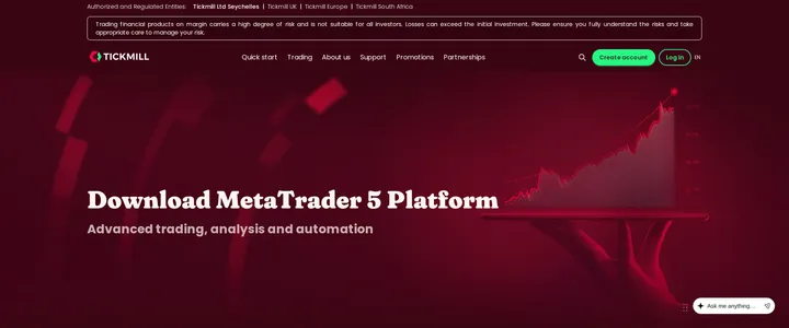 Tickmill's MetaTrader 5 download page headed 'Download MetaTrader 5 Platform'