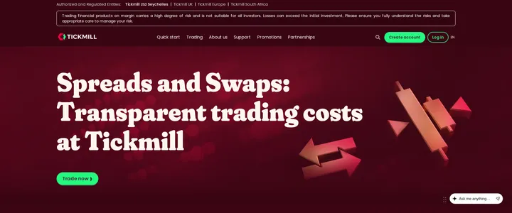 Tickmill's spreads and swaps page reading 'Spreads and Swaps: Transparent trading costs at Tickmill'