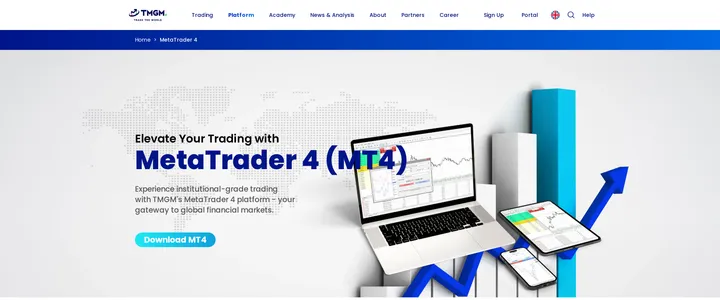 TMGM MetaTrader 4 platform page describing institutional-grade trading