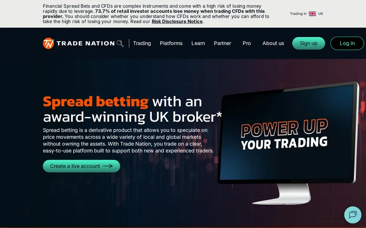 Trade Nation's spread betting page headed 'Spread betting with an award-winning UK broker*'