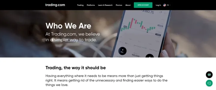 Trading.com's About Us page, describing the company's approach to trading