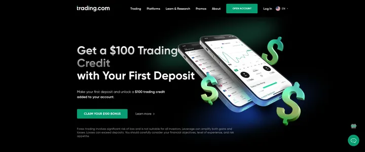 Trading.com US site showing a $100 trading credit offer over an autoplaying background video