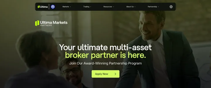 Ultima Markets partner portal homepage reading 'Your ultimate multi-asset broker partner is here' above an award-winning partnership program banner