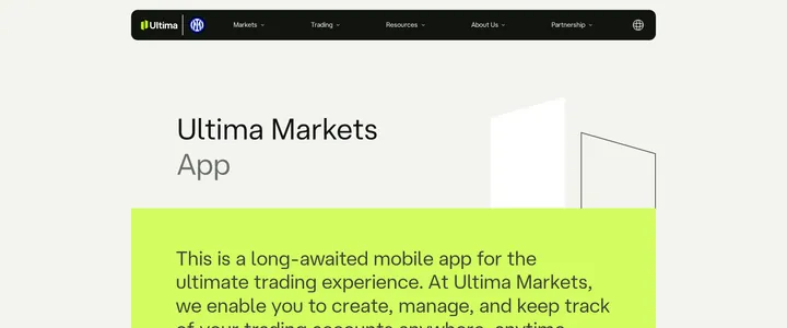 Ultima Markets' trading app page, describing the mobile app's features under a desktop banner image