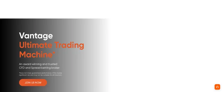 Vantage's homepage headline 'Vantage' with the subheading 'Ultimate Trading Machine*'