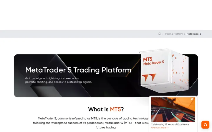 Vantage's MetaTrader 5 platform page headed 'MetaTrader 5 Trading Platform' with the question 'What is MT5?'