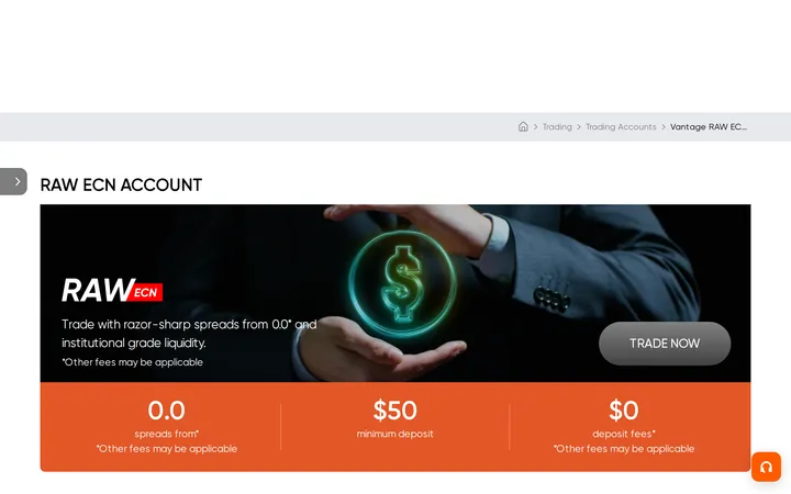 Vantage's Raw ECN account page showing spreads from 0.0 with a $50 minimum deposit and $0 commission text nearby