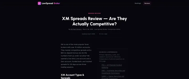 lowspreadbroker.com's XM spreads review headline about whether XM's advertised numbers hold up