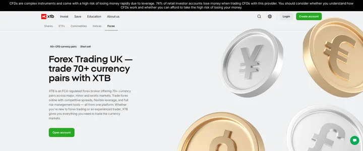 XTB's Forex Trading UK page, stating XTB is an FCA regulated forex broker offering 70+ currency pairs