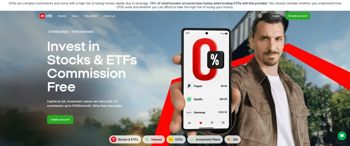 XTB homepage headline reading Invest in Stocks and ETFs Commission Free, with a note that 0% commission applies up to 100,000 euros a month