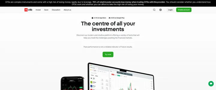 XTB's platform page headline reading The centre of all your investments