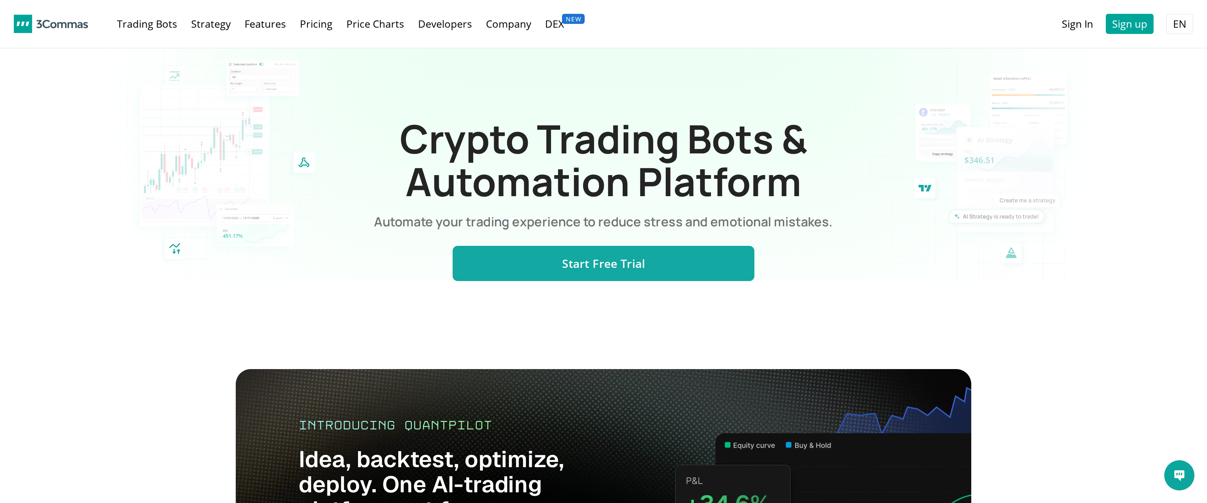 3Commas homepage headline reading Crypto Trading Bots and Automation Platform, with the subheading Idea, backtest, optimize, deploy