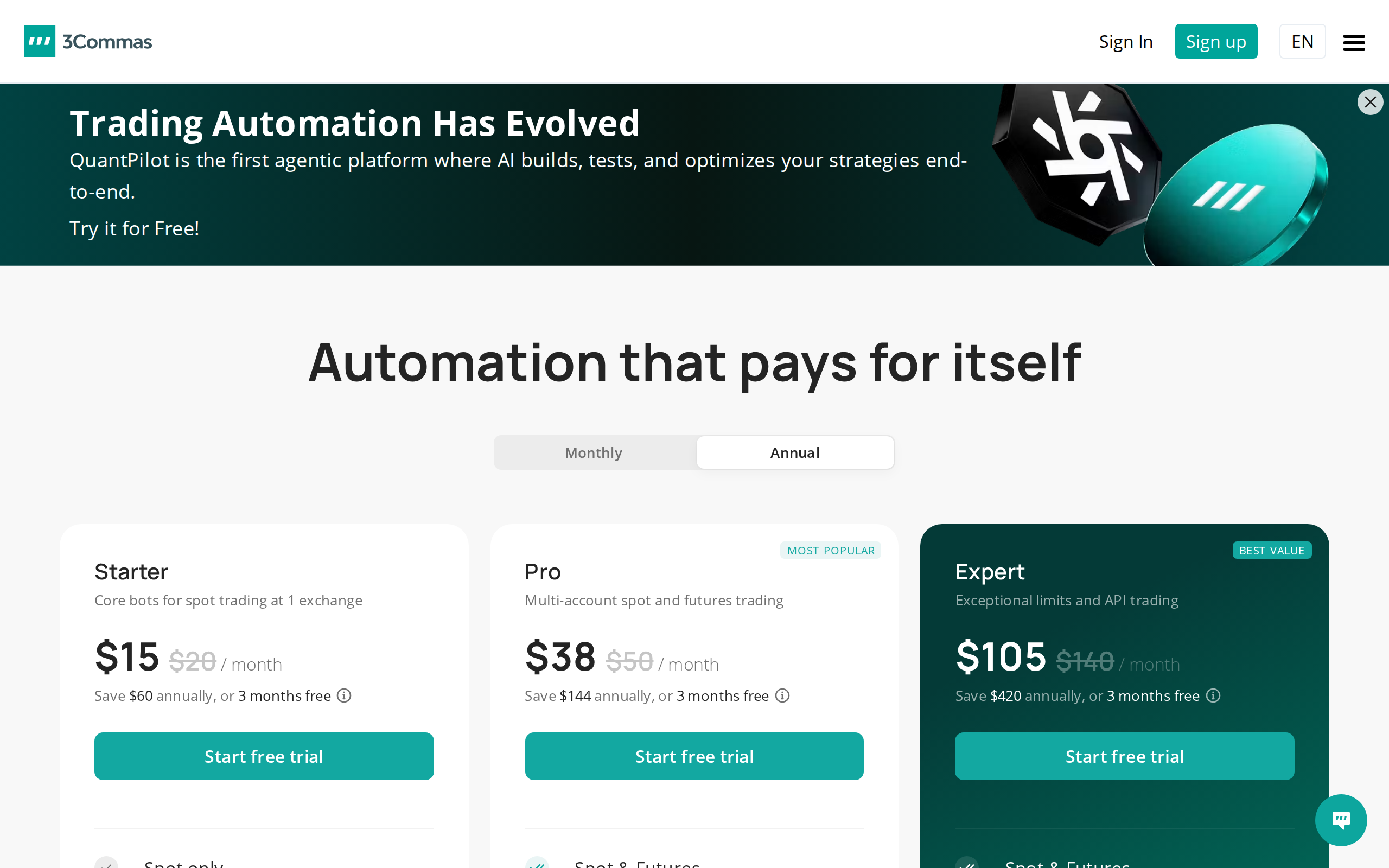 3Commas pricing page showing Starter, Pro and Expert plans at $15, $20 and $60