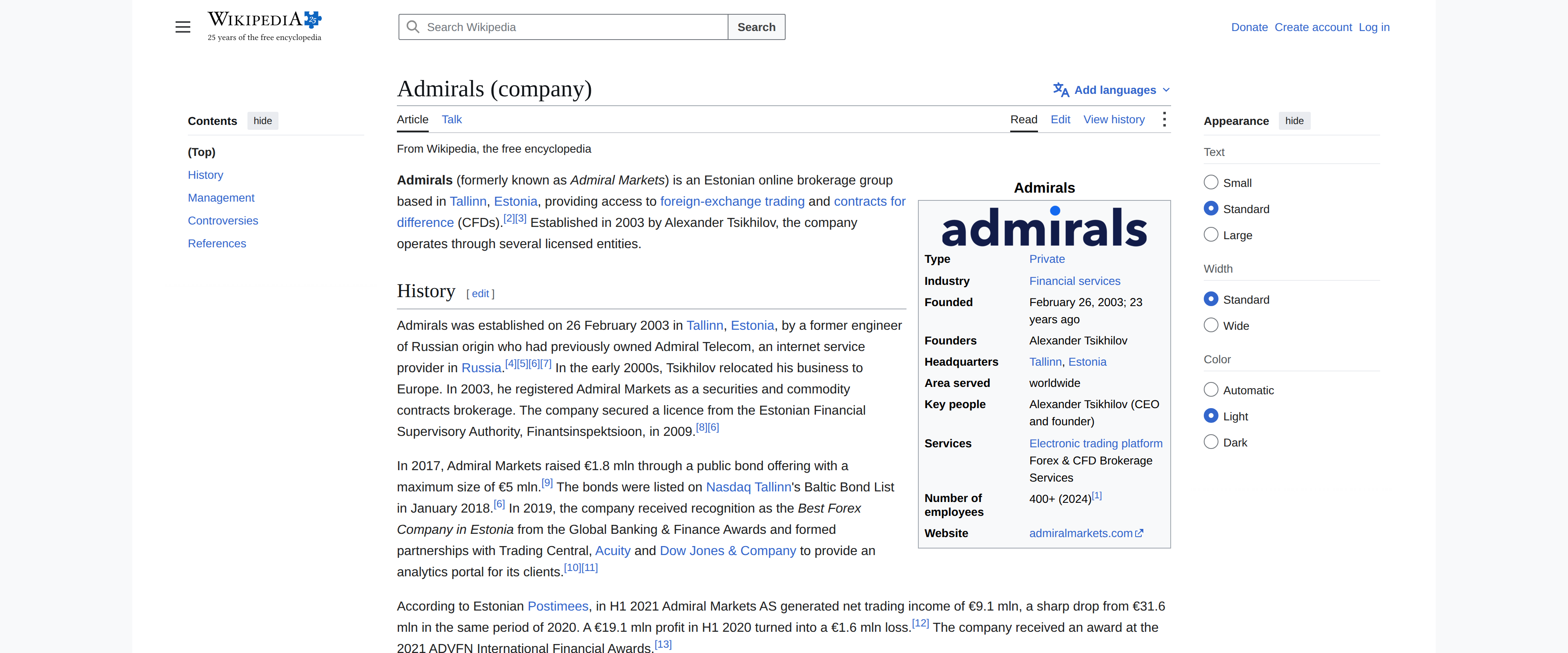 Wikipedia's Admirals company entry showing its founding date of February 26 2003 and founder Alexander Tsikhilov
