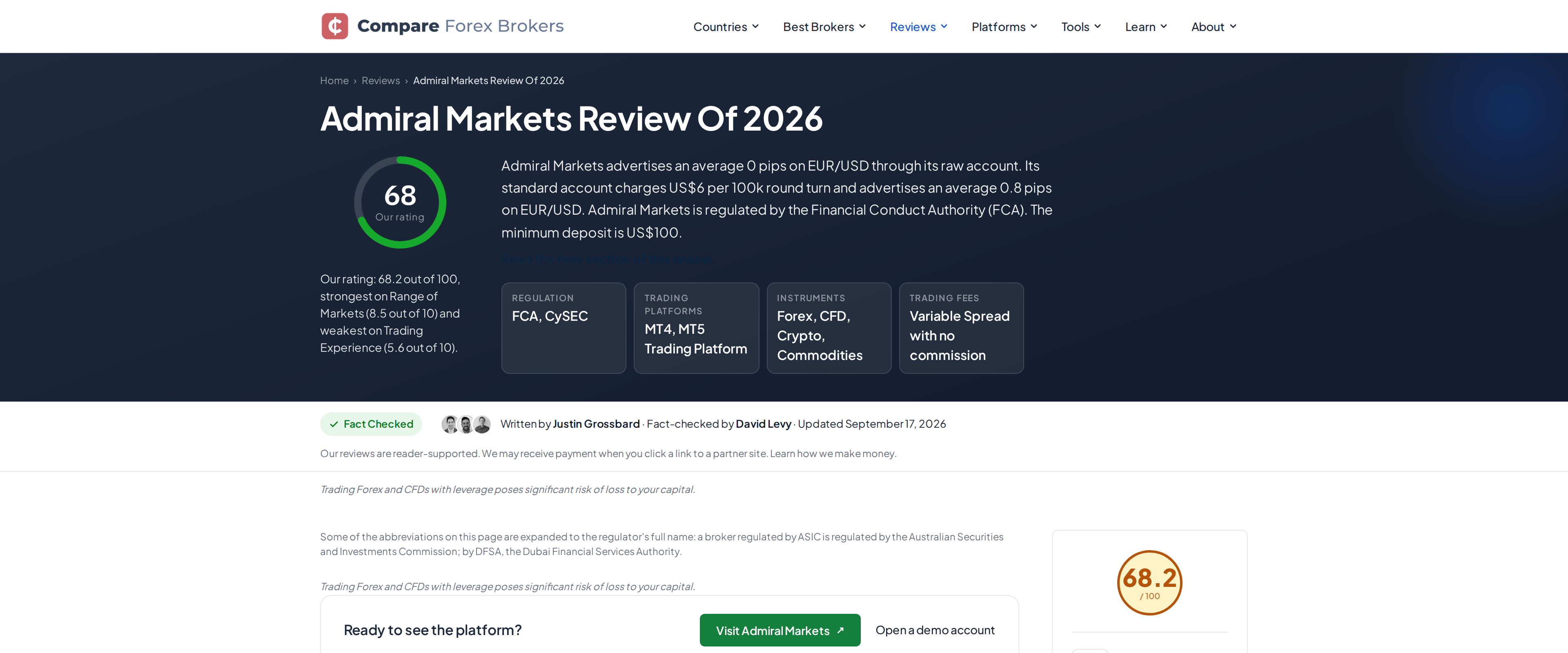 Independent Admiral Markets Review Of 2026 page listing country availability and broker award categories