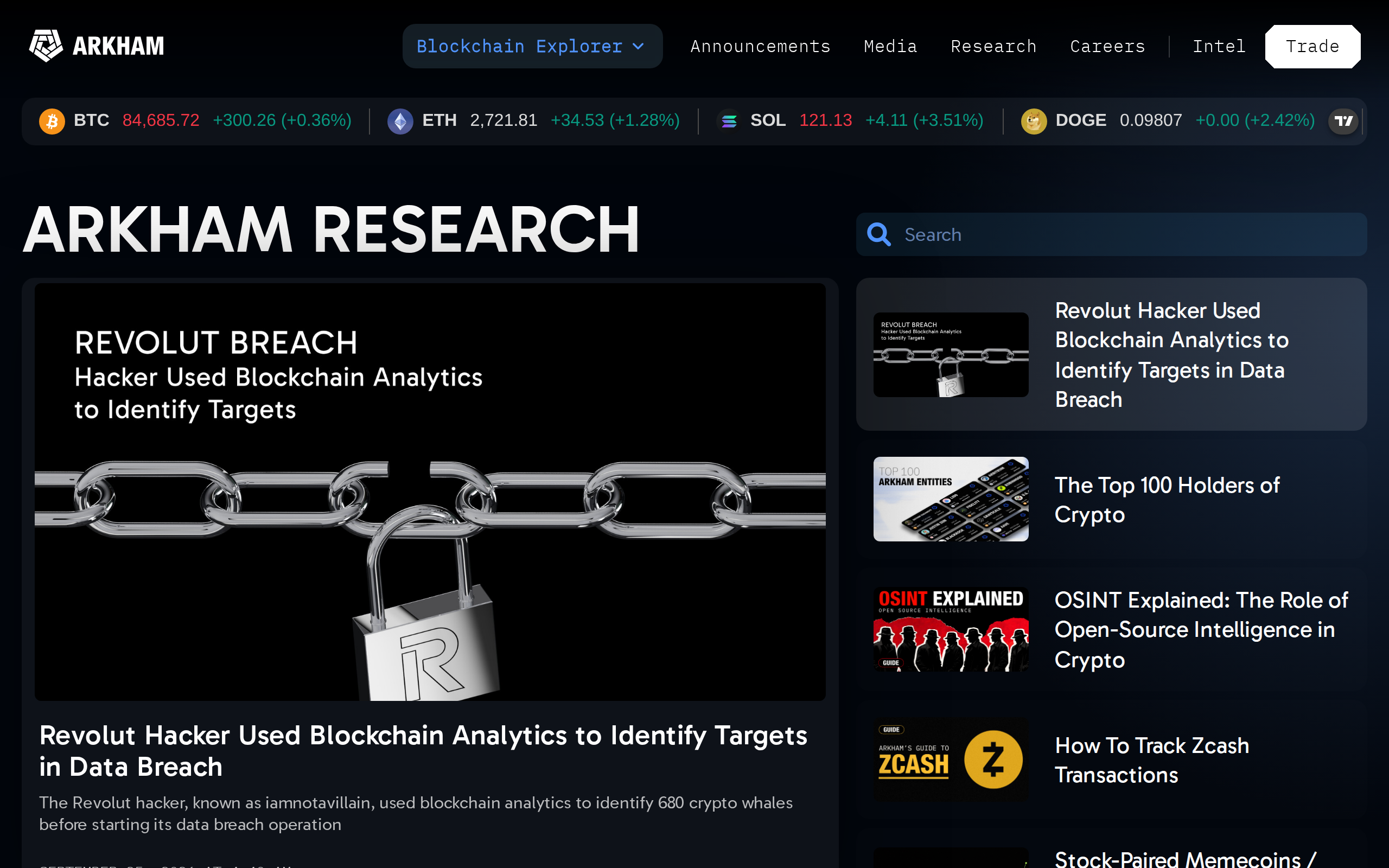 Arkham's research hub covering a wallet-tracking story about a data breach operation