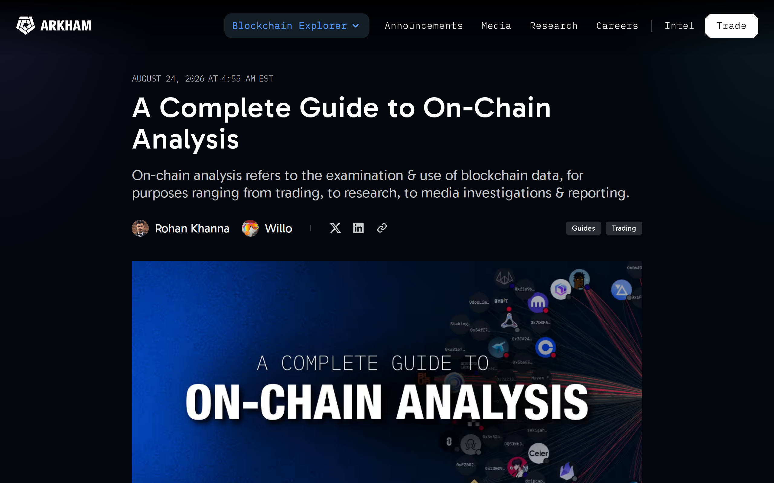 Arkham's on-chain analysis guide page explaining how to read wallet and transaction data