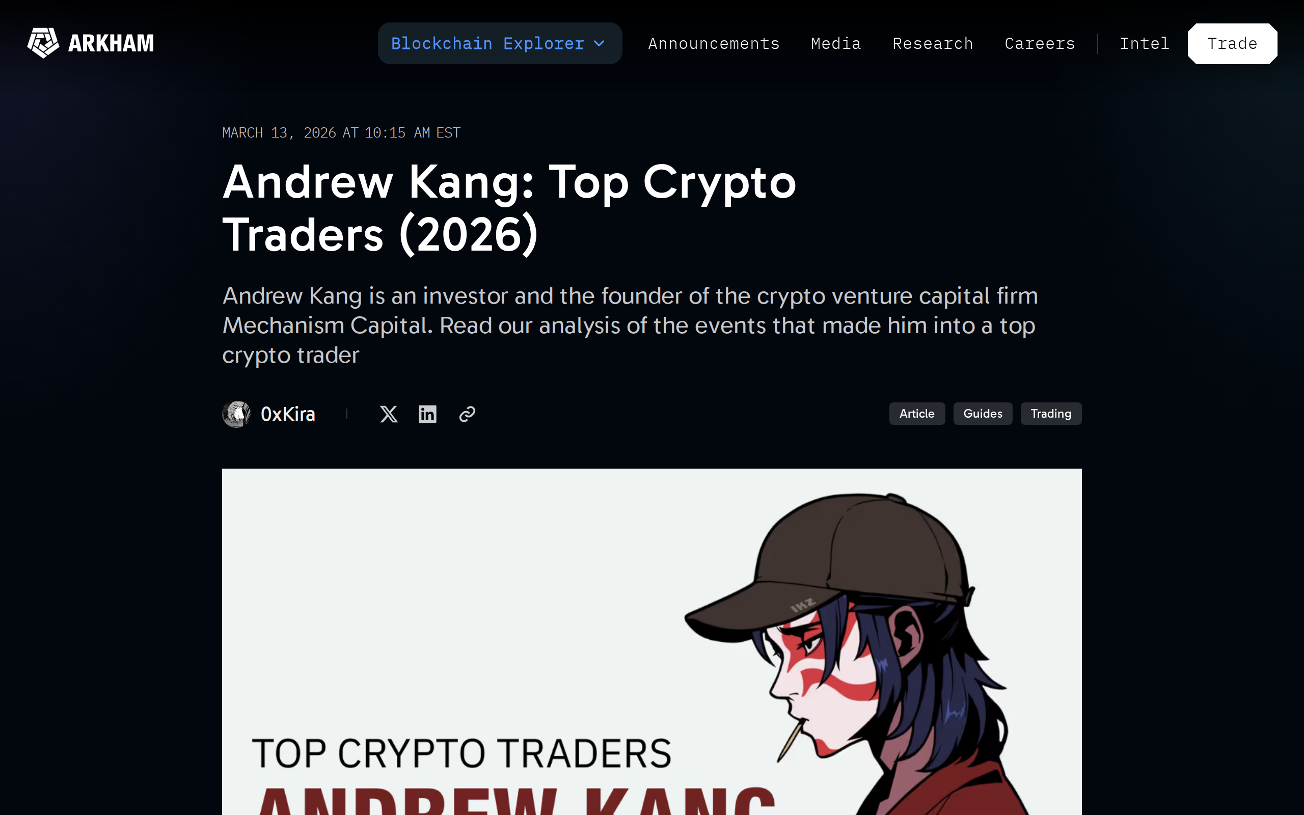 An Arkham research profile of a named crypto trader, built from labeled wallet activity