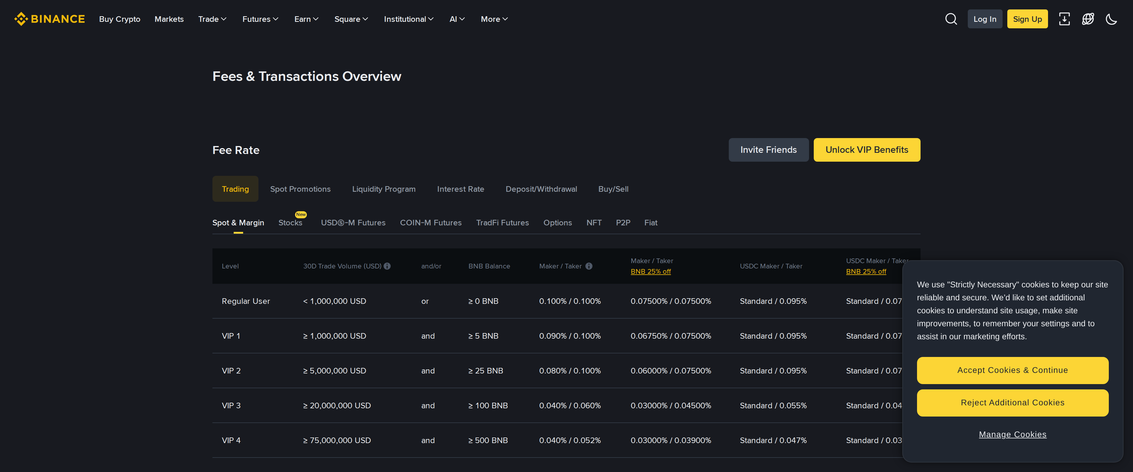 Binance spot trading fee schedule page showing tier volumes up to 20 million dollars