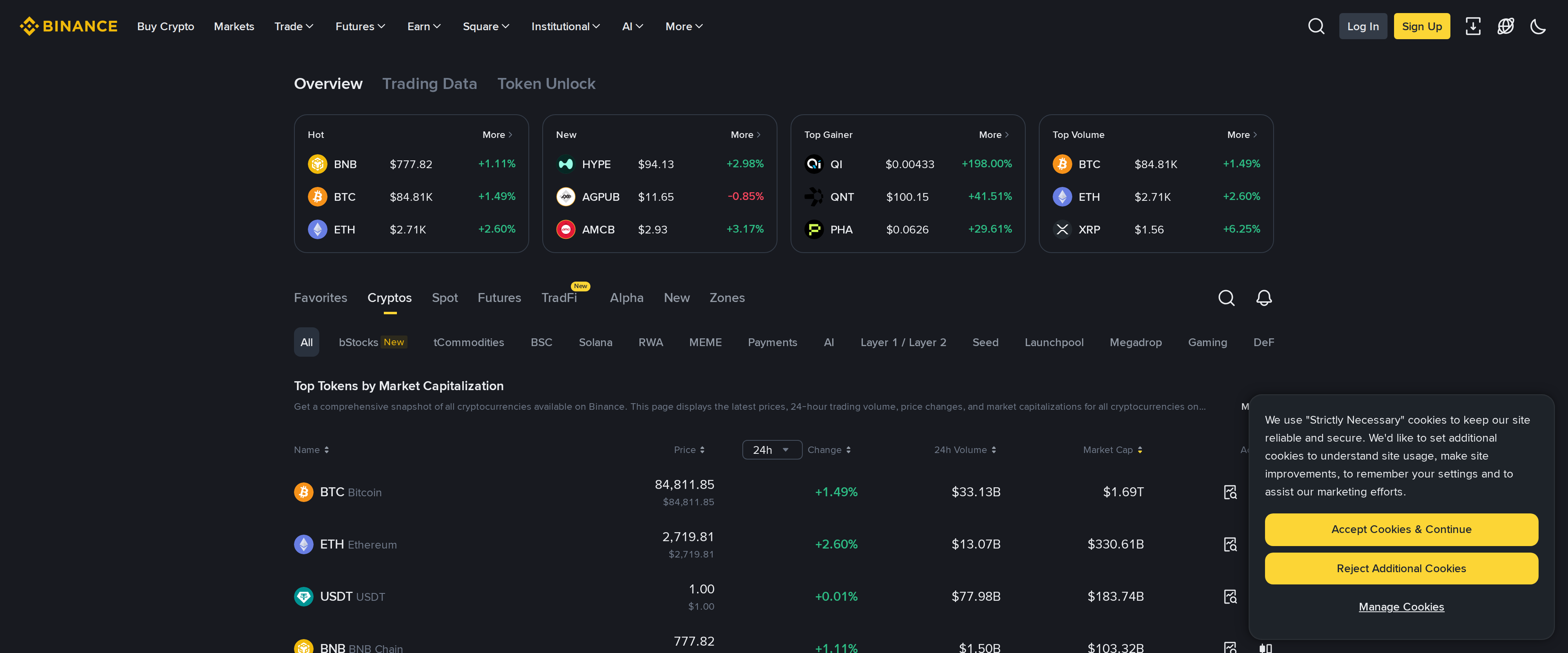 Binance cryptocurrency markets page listing coin prices, 24-hour volume and price changes