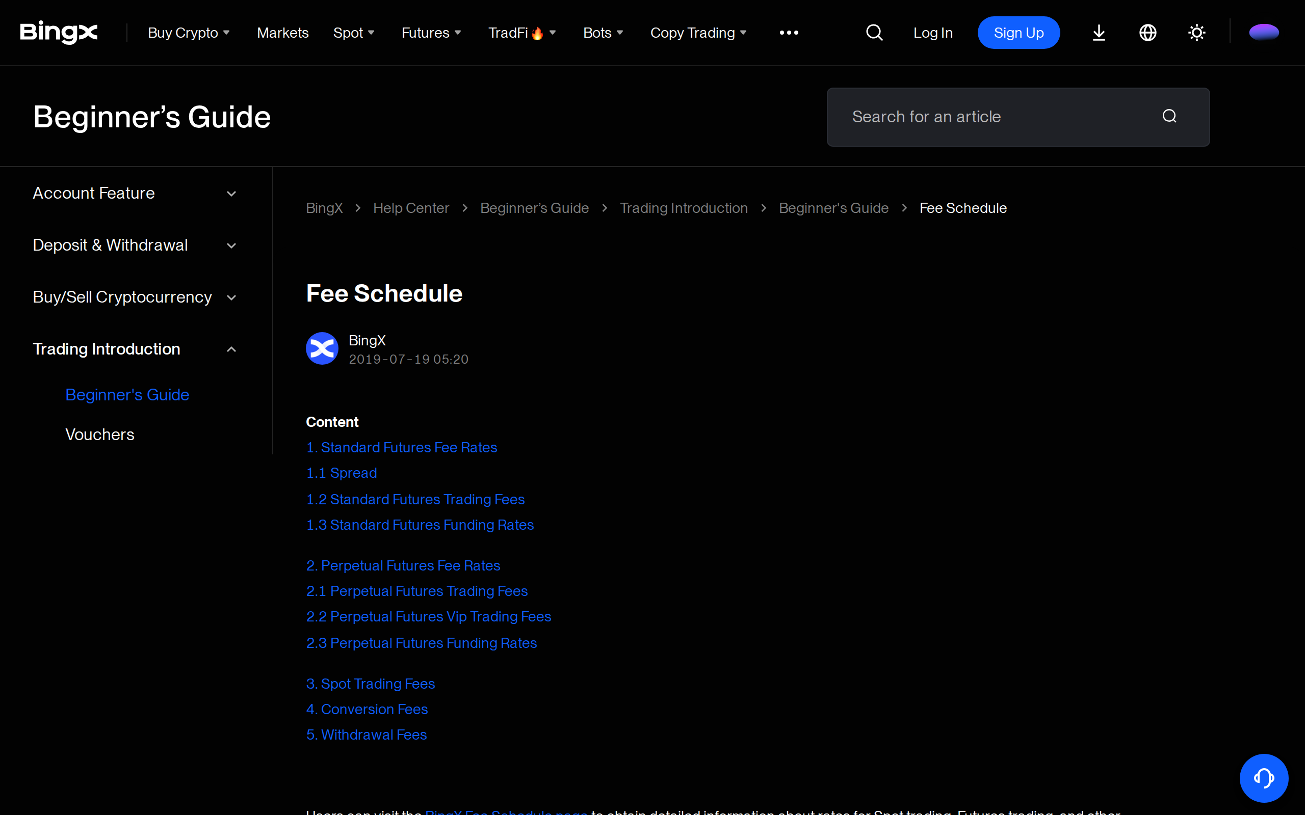 BingX fee schedule support article listing Standard and Perpetual Futures fee sections