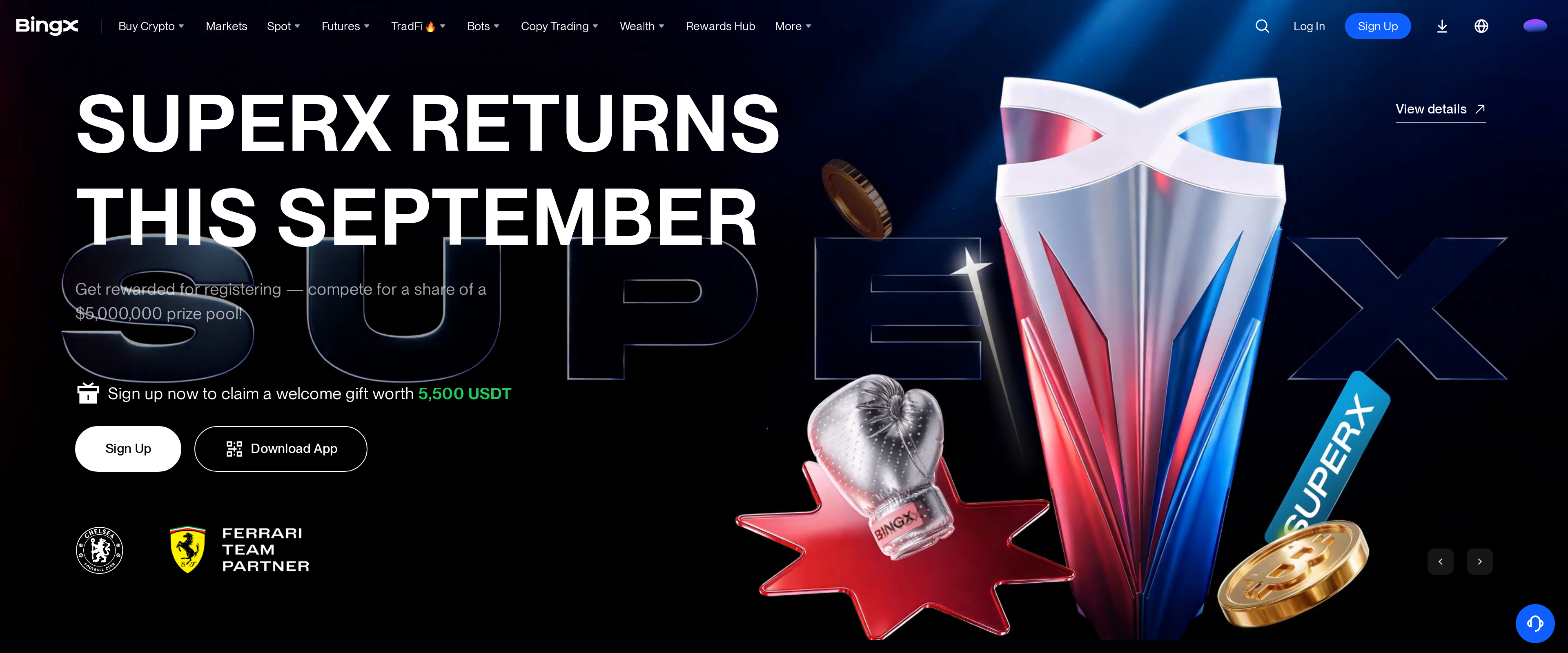 BingX homepage promo banner 'SuperX Returns This September' with a $5,000,000 prize pool and a 5,500 USDT welcome gift