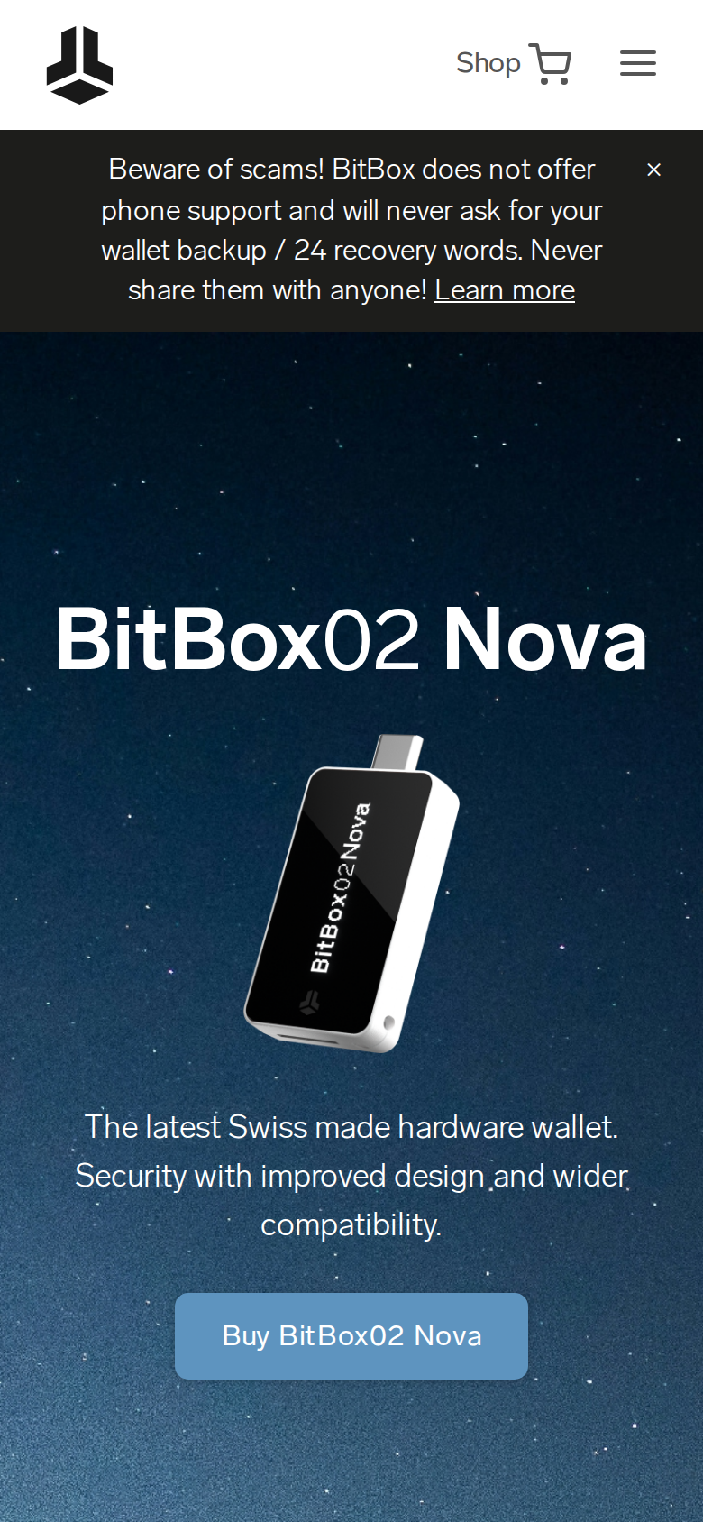 BitBox02 Nova product page viewed on a phone screen, showing the device connected to an iPhone
